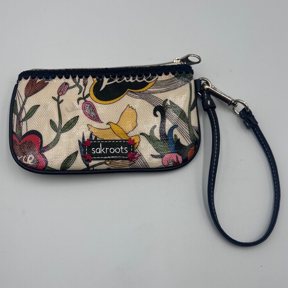 Sakroots Peace Print Coated Canvas Wristlet Pouch Floral Bird Cream Black